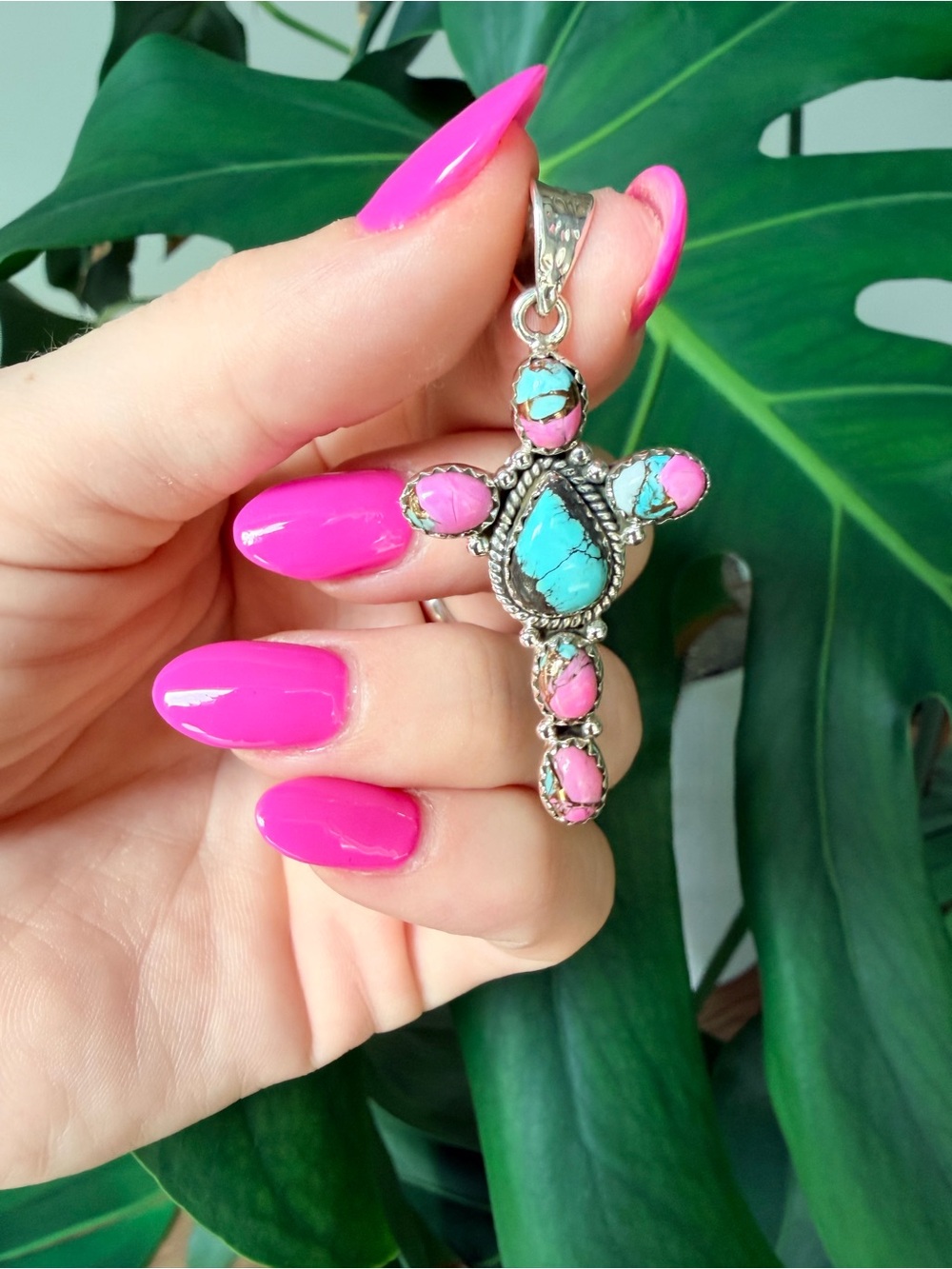 Turquoise Cotton Candy Dahlia & Blue Moon Cross Pendant | 925 Sterling Silver